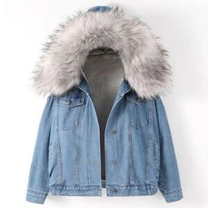 Hooded Denim Jacket Coat, Faux Fur Collar, Fleece Lined Sz Medium.